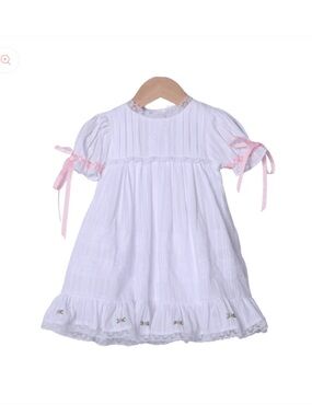 NWT The Smocked Flamingo White Linen Heirloom Rosette Dress